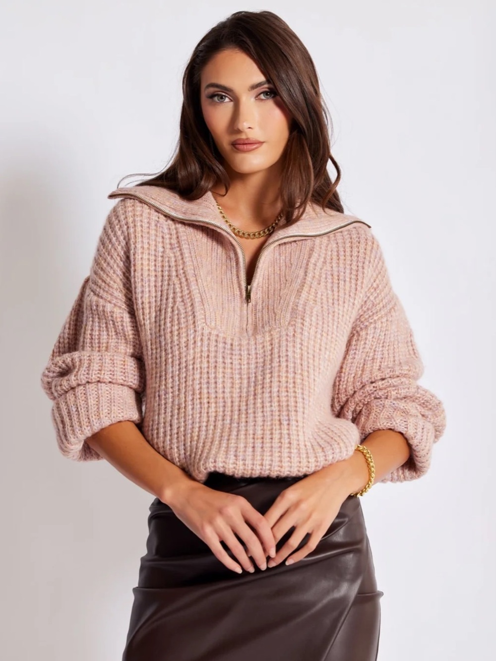 Bishop + Young Pink Blush Chunky Knit Quarter Zip Sweater Pullover Sz L